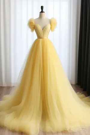 A Line Sweetheart Neck Tulle Yellow Long Prom Dress, Yellow Long Formal Dress APP0916