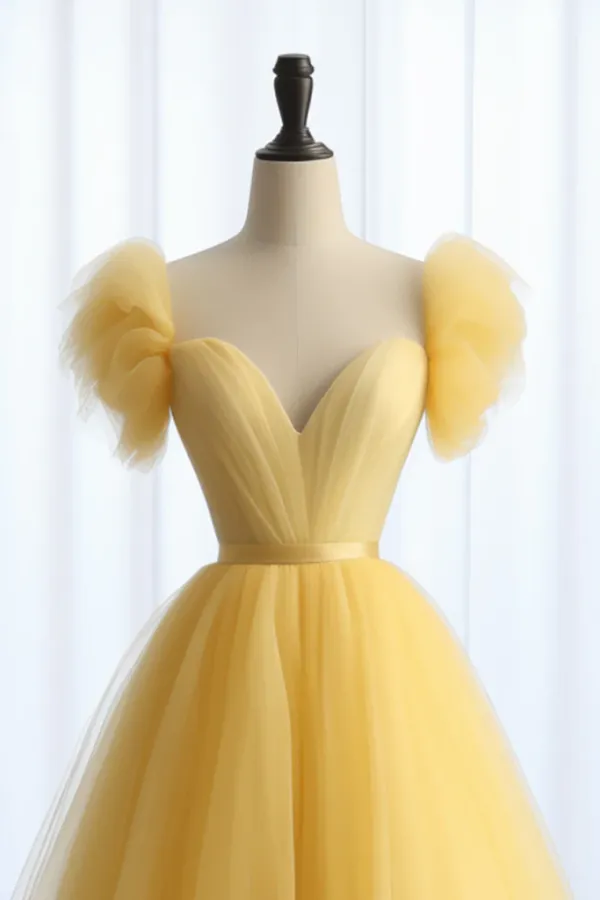 A Line Sweetheart Neck Tulle Yellow Long Prom Dress, Yellow Long Formal Dress APP0916