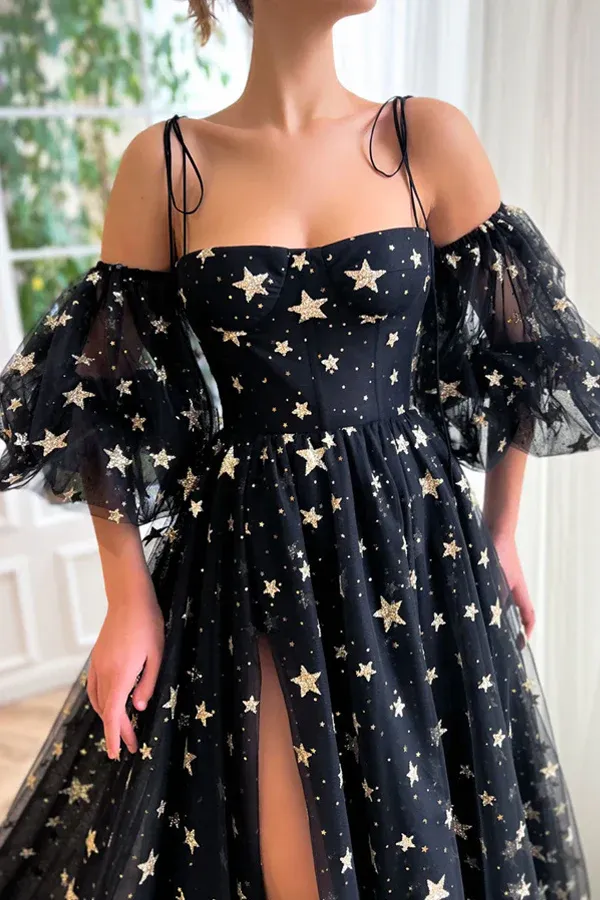 A Line Tulle Black Long Prom Dress Black Tulle Formal Evening Dress APP0697