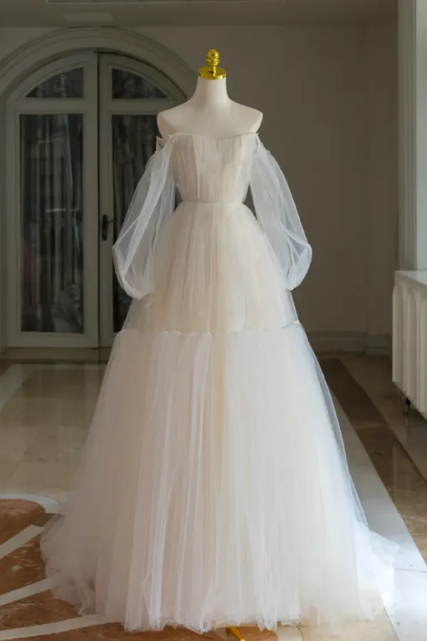A Line Tulle Long Sleeve Light Champagne Prom Dress, Formal Dress APP1126