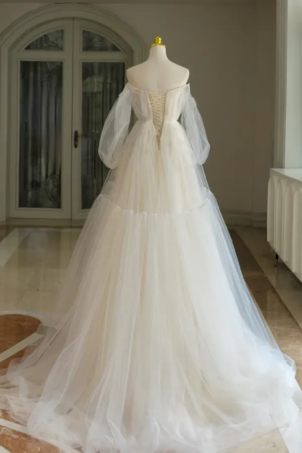 A Line Tulle Long Sleeve Light Champagne Prom Dress, Formal Dress APP1126