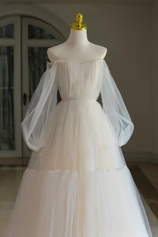 A Line Tulle Long Sleeve Light Champagne Prom Dress, Formal Dress APP1126