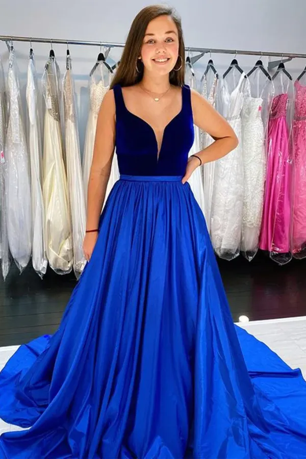 A Line V Neck Blue Velvet Top Long Prom Dress with Pocket, V Neck Blue Formal Graduation Evening Dress APP0753