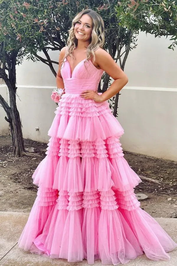 A Line V Neck Layered Pink Prom Dresses Long, V Neck Pink Formal Evening Dresses, Pink Ball Gown APP0779