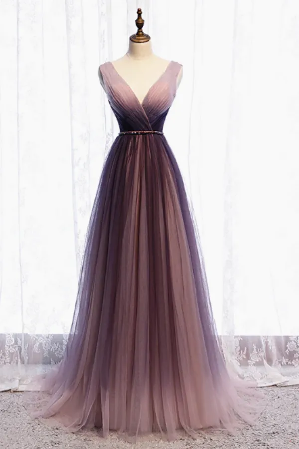 A Line V Neck Purple Ombre Prom Dresses, V Neck Purple Ombre Formal Evening Bridesmaid Dresses APP0832