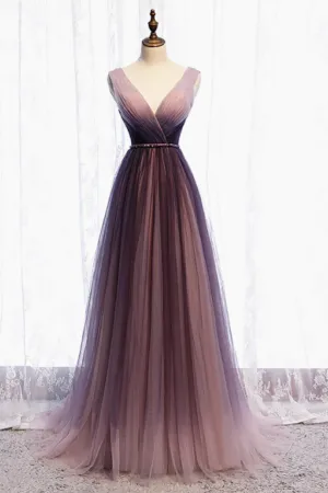 A Line V Neck Purple Ombre Prom Dresses, V Neck Purple Ombre Formal Evening Bridesmaid Dresses APP0832