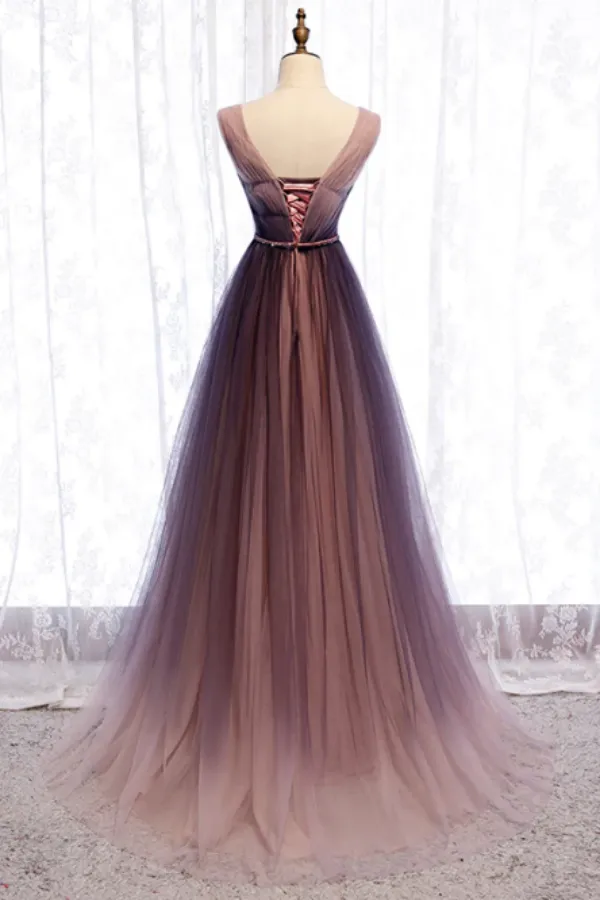 A Line V Neck Purple Ombre Prom Dresses, V Neck Purple Ombre Formal Evening Bridesmaid Dresses APP0832