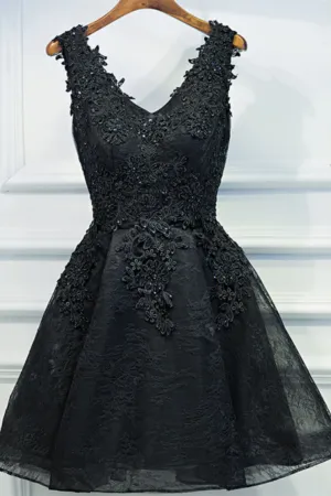 A Line V Neck Short Black Lace Prom Dresses, Black Short Formal Dresses APP0847