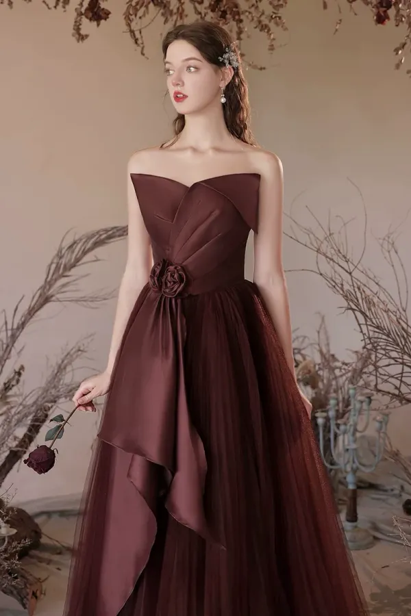 A Line V Neck Tulle Red Long Prom Dress, Tulle Long Formal Dress APP1091