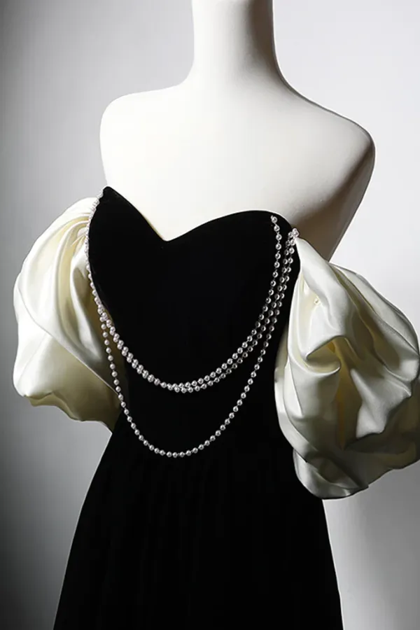 A Line Velvet Tea Length Black Prom Dress, Tea Length Black Formal Dress APP0873