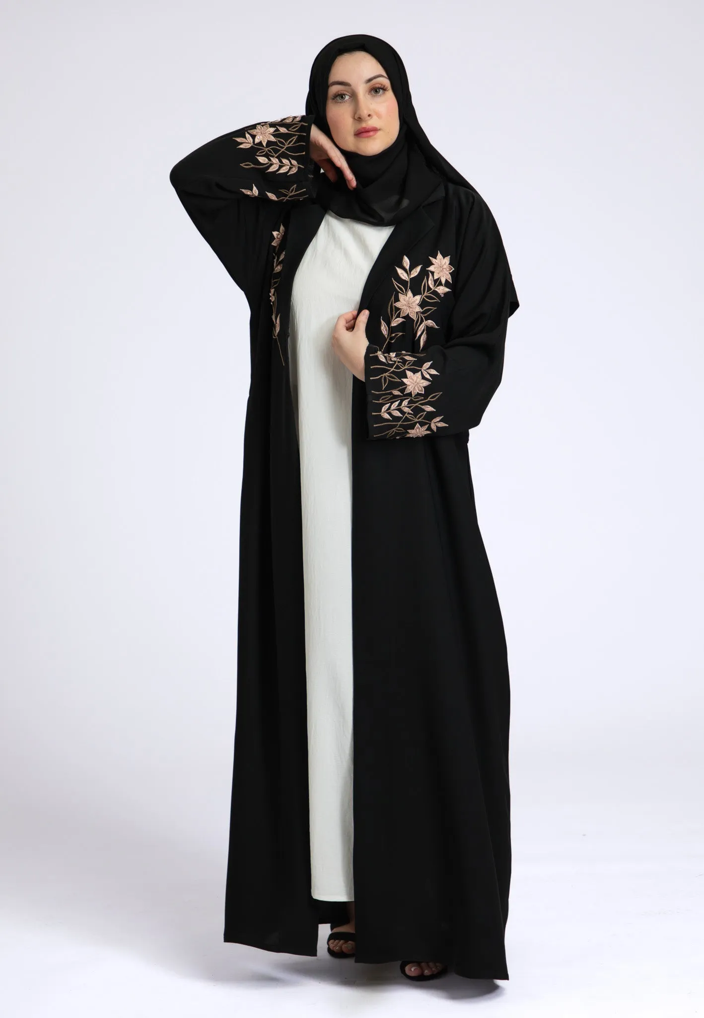 Aaliya Peach Embroidered Open Abaya