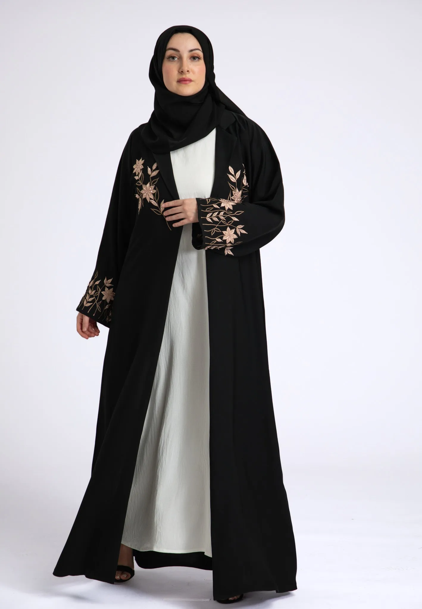 Aaliya Peach Embroidered Open Abaya