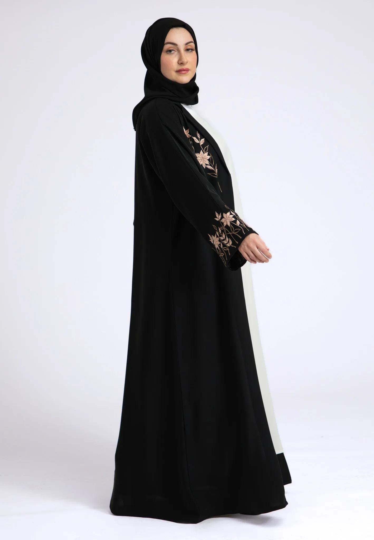 Aaliya Peach Embroidered Open Abaya