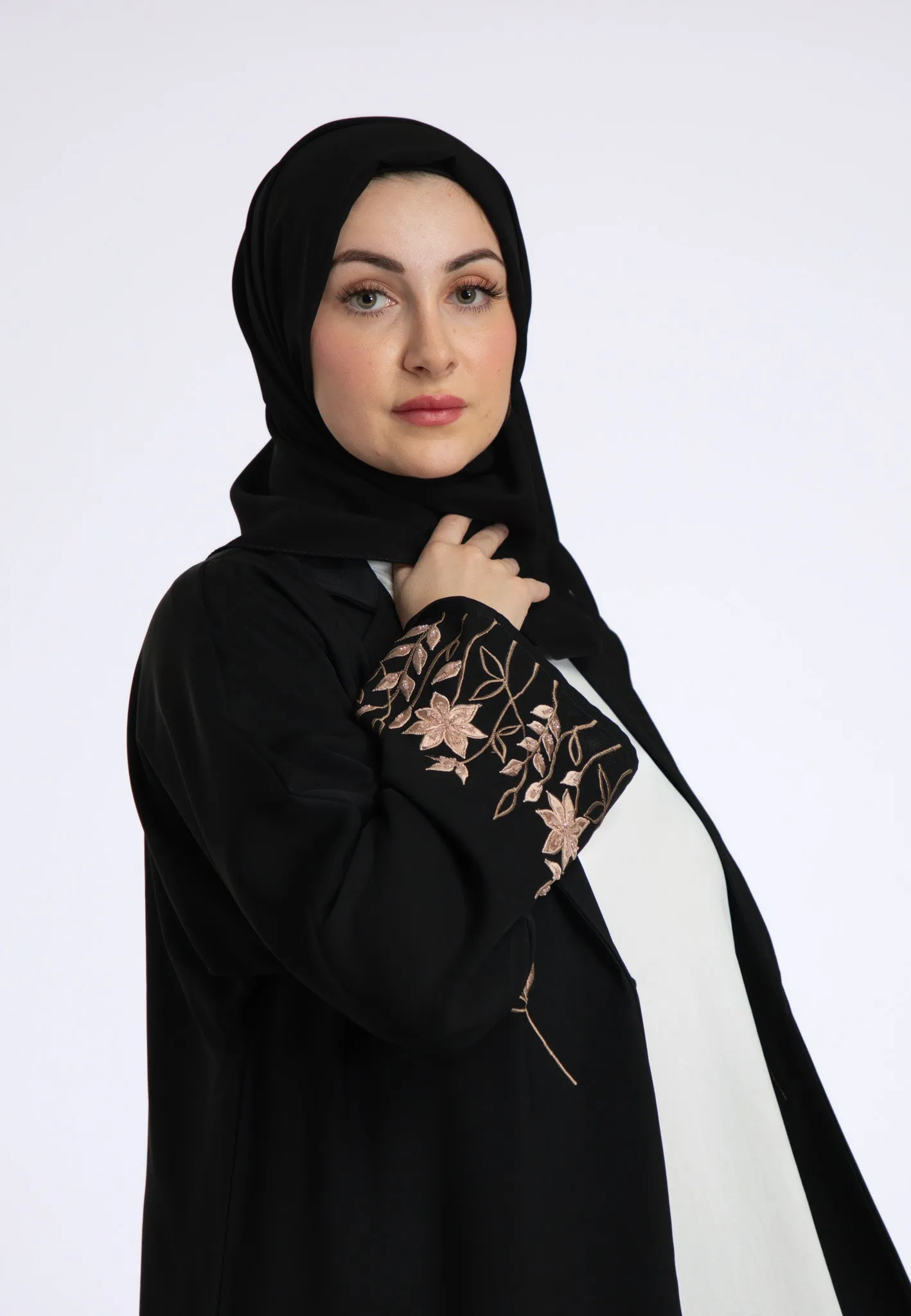 Aaliya Peach Embroidered Open Abaya