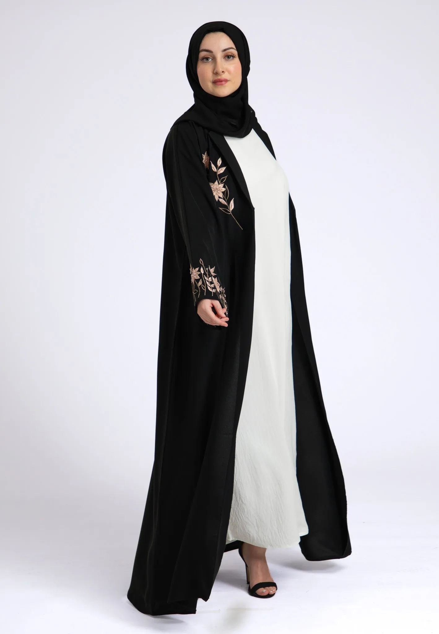 Aaliya Peach Embroidered Open Abaya