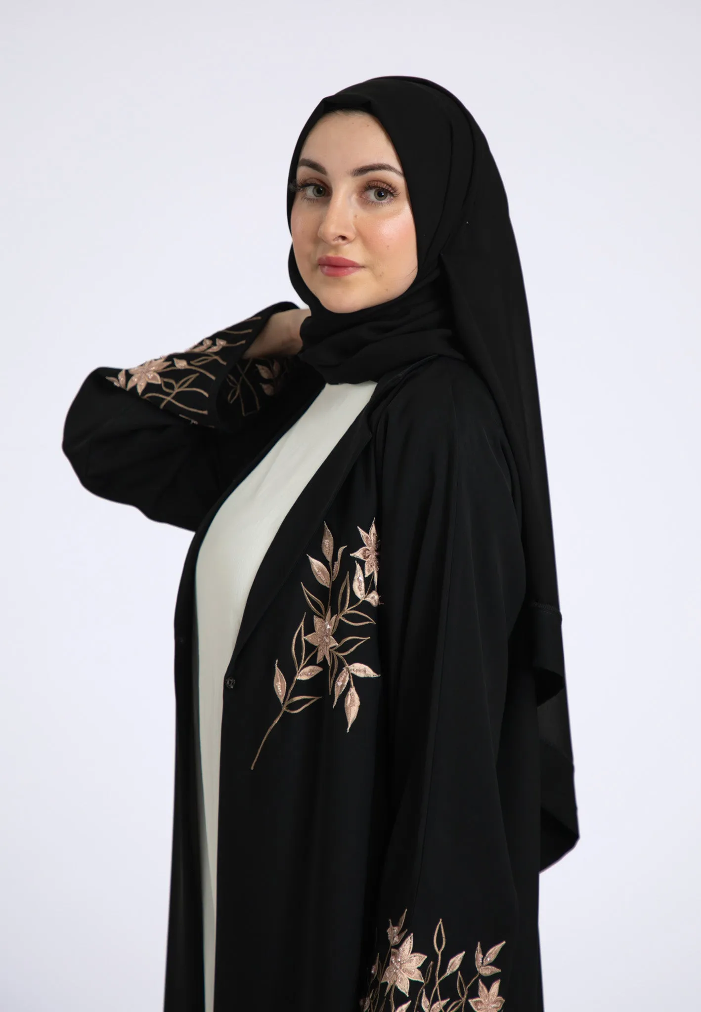 Aaliya Peach Embroidered Open Abaya