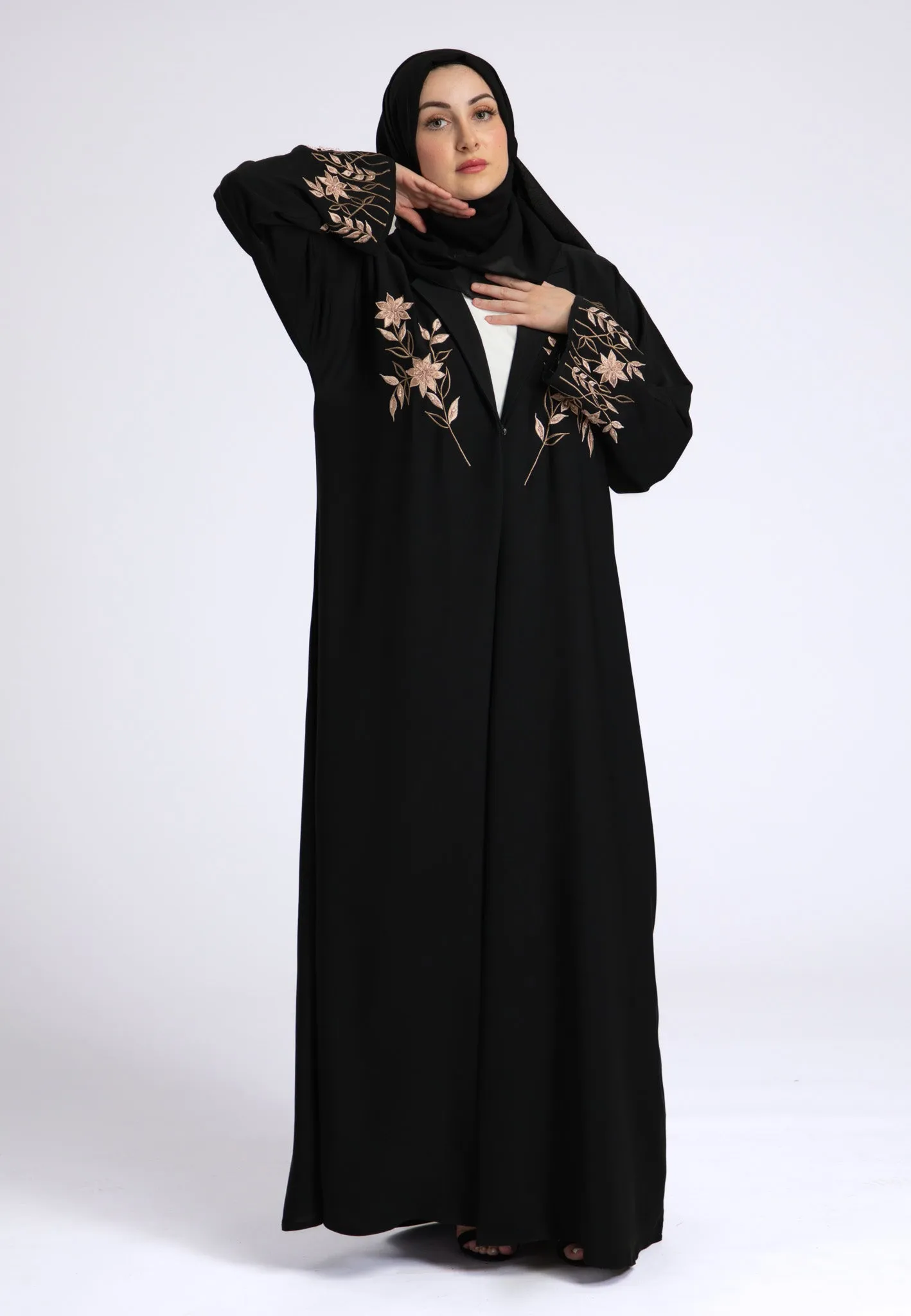 Aaliya Peach Embroidered Open Abaya