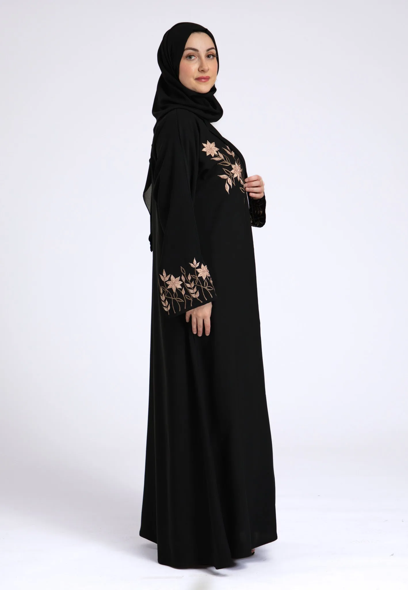 Aaliya Peach Embroidered Open Abaya