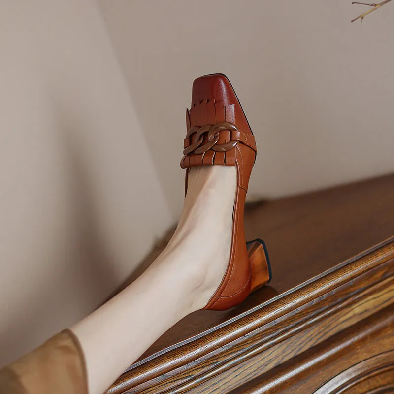 Abby Brown Square Toe Heels with Chain