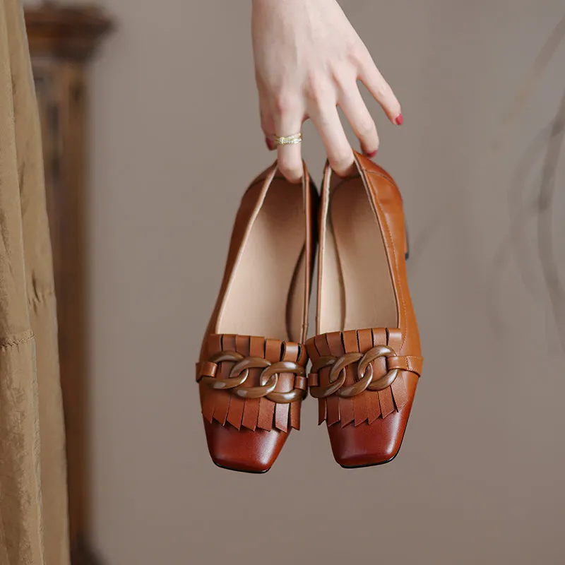 Abby Brown Square Toe Heels with Chain