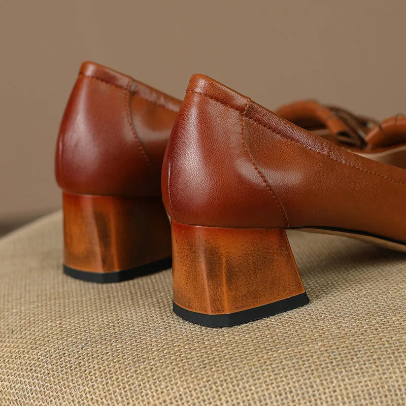 Abby Brown Square Toe Heels with Chain