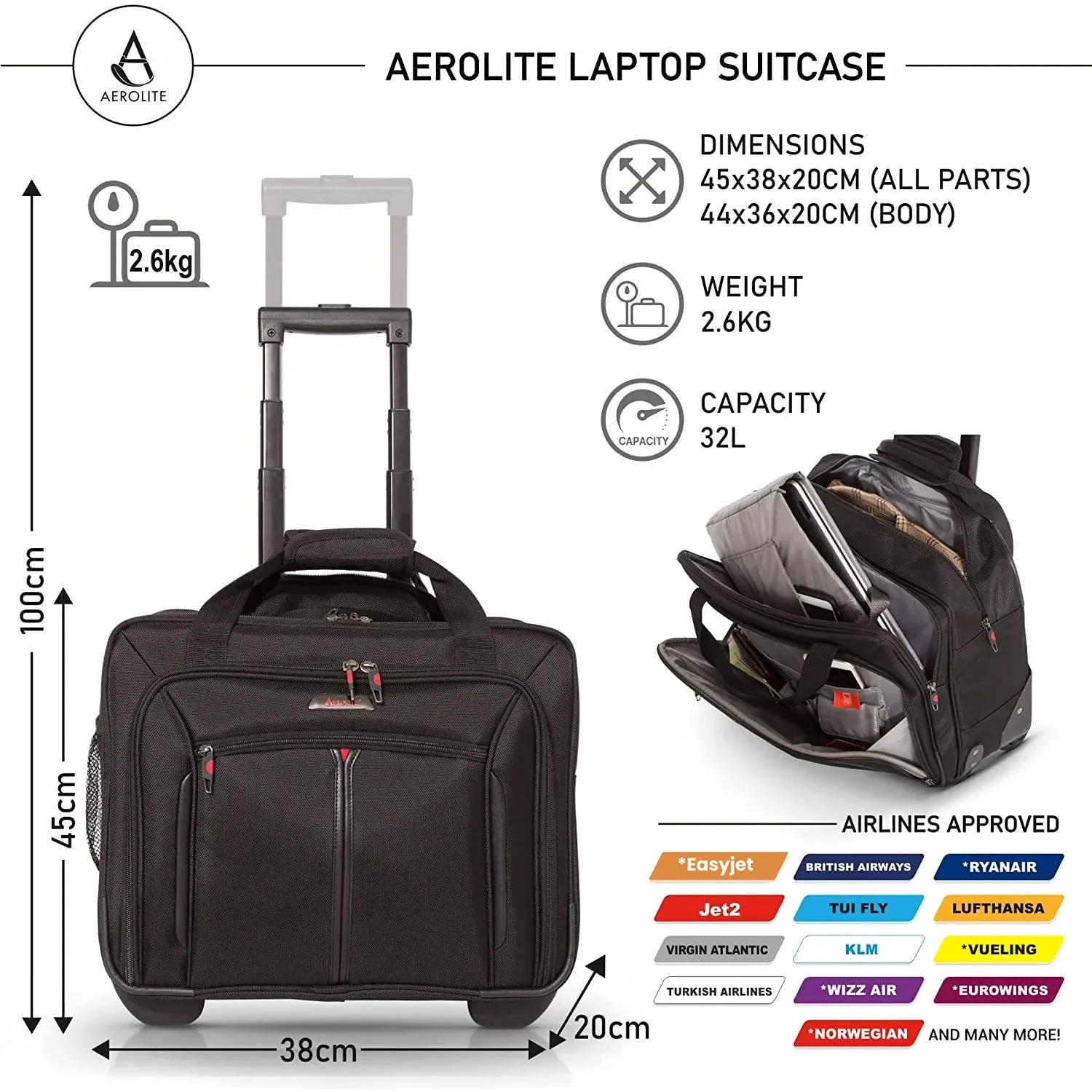 Aerolite 17'' Executive Mobile Business Cabin Hand with Luggage Rolling Laptop Bag, Approved for Ryanair, British Airways, Easyjet, Jet2 & Many More
