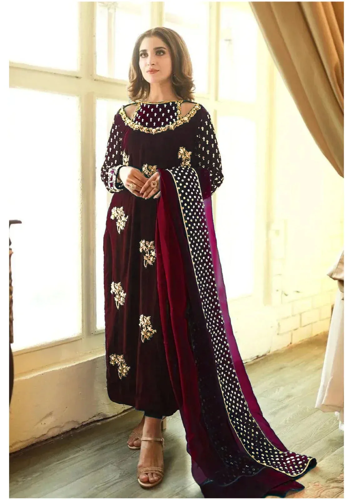 Afrozeh Luxury Formals Velvet Collection 3 Pieces Unstitched MAROON Gold