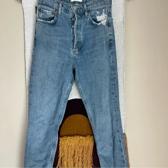 AGOLDE Nico High Rise Slim Rooted Step Frayed Hem Distressed Jeans blue size 23
