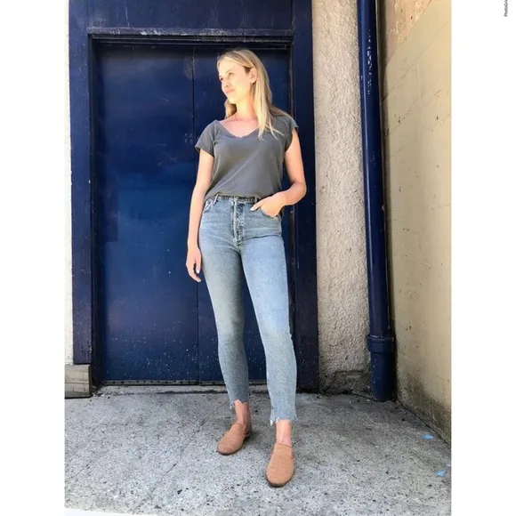AGOLDE Nico High Rise Slim Rooted Step Frayed Hem Distressed Jeans blue size 23