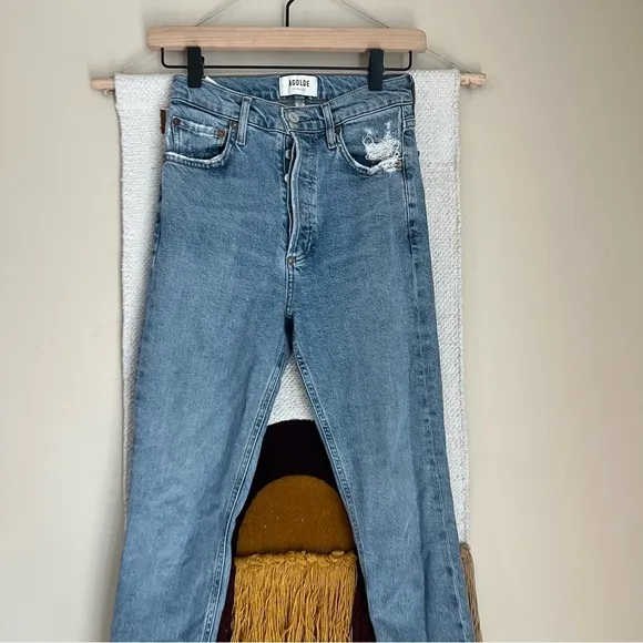 AGOLDE Nico High Rise Slim Rooted Step Frayed Hem Distressed Jeans blue size 23