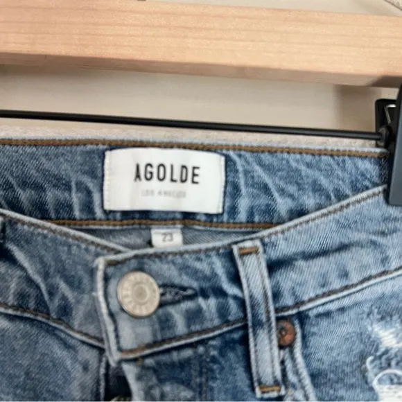 AGOLDE Nico High Rise Slim Rooted Step Frayed Hem Distressed Jeans blue size 23