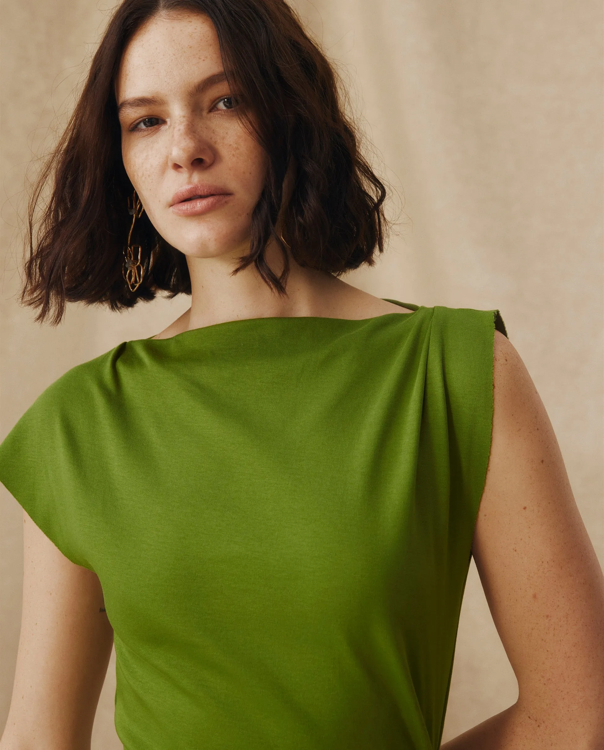 ALLIE | Green Draped Cotton Midi Dress