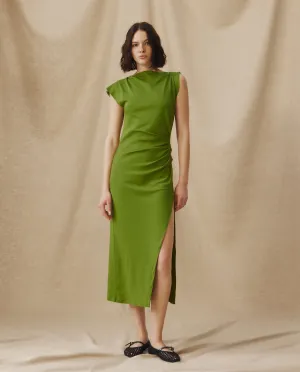 ALLIE | Green Draped Cotton Midi Dress