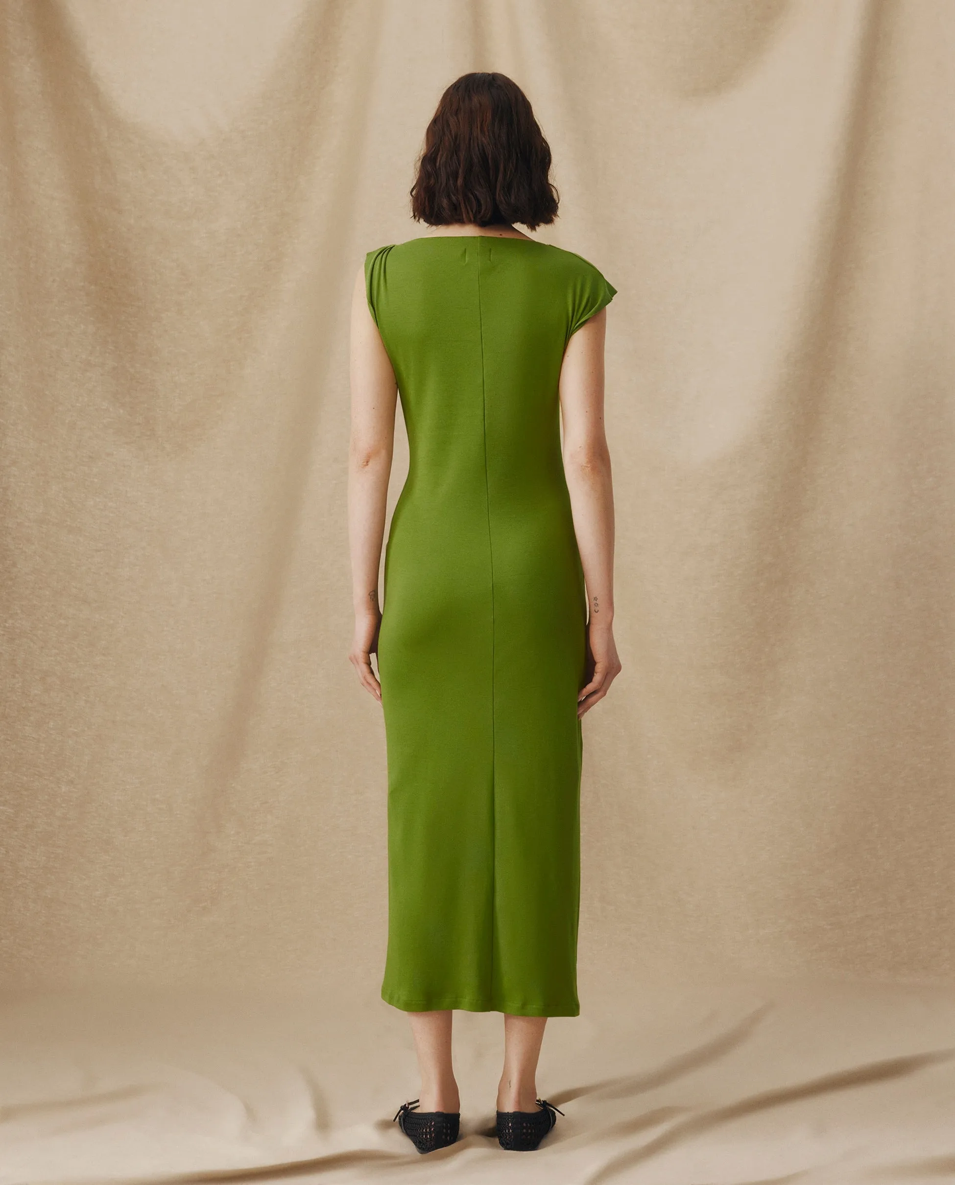 ALLIE | Green Draped Cotton Midi Dress