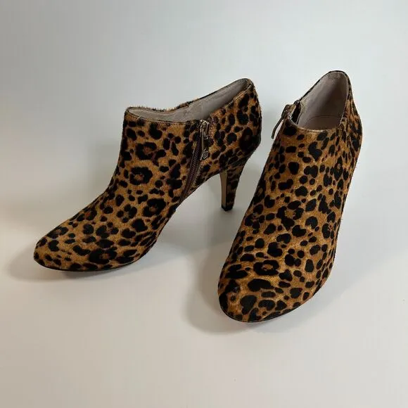 Animal Print Stiletto Ankle Boot Heel Calf Hair Leopard Cheetah Round Toe US 7.5