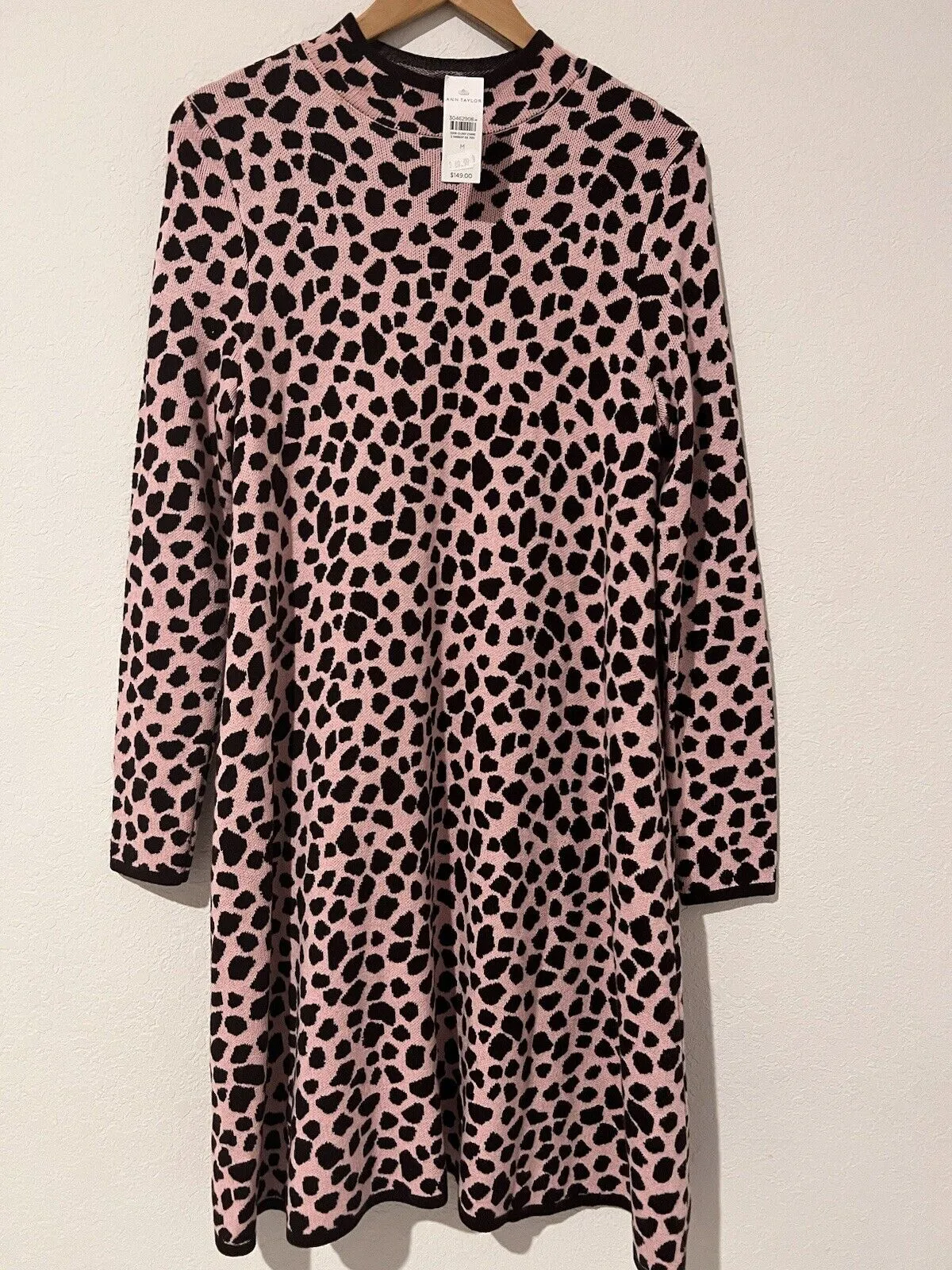 ANN TAYLOR Knit Sweater Dress Sz M Pink Brown Animal Print Long Sleeve Mock Neck