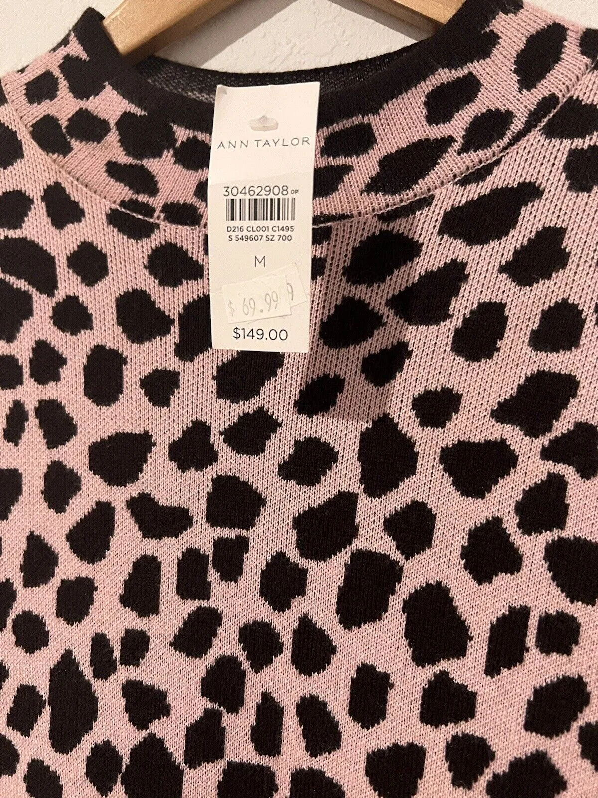 ANN TAYLOR Knit Sweater Dress Sz M Pink Brown Animal Print Long Sleeve Mock Neck