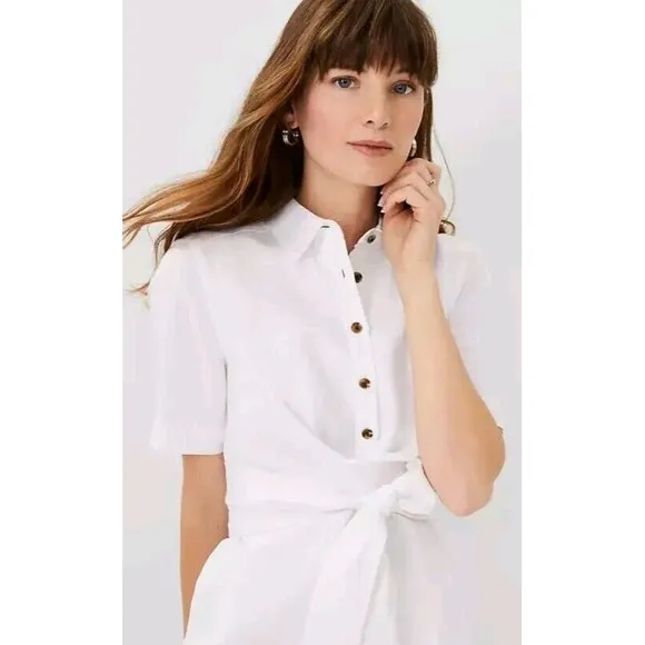 Ann Taylor Linen Wrap Shirt Dress Sz 10P White Summer Office Spring 2024 NWT