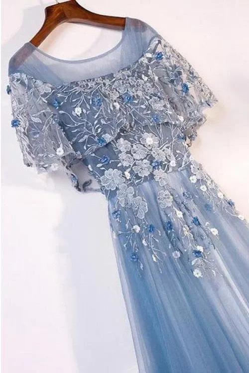 Anneprom A-Line Blue Tulle Short Sleeves Long Lace Up Formal Evening Prom Dresses APP0374