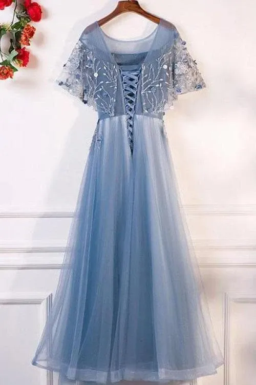 Anneprom A-Line Blue Tulle Short Sleeves Long Lace Up Formal Evening Prom Dresses APP0374