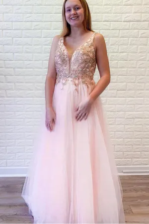 Anneprom A-Line Pink Tulle V-Neck Backless Beading Crystal Prom/Formal Dress APP0294
