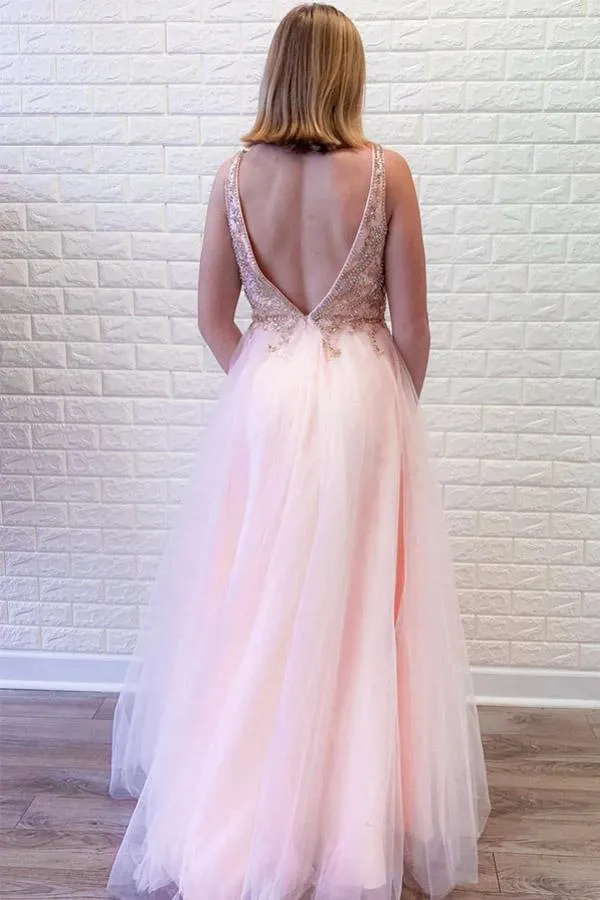 Anneprom A-Line Pink Tulle V-Neck Backless Beading Crystal Prom/Formal Dress APP0294