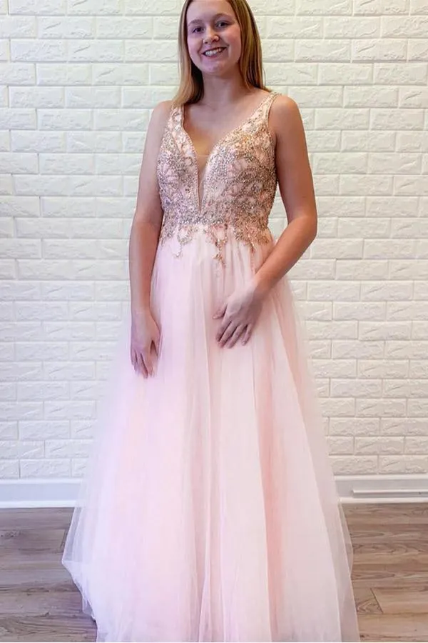 Anneprom A-Line Pink Tulle V-Neck Backless Beading Crystal Prom/Formal Dress APP0294