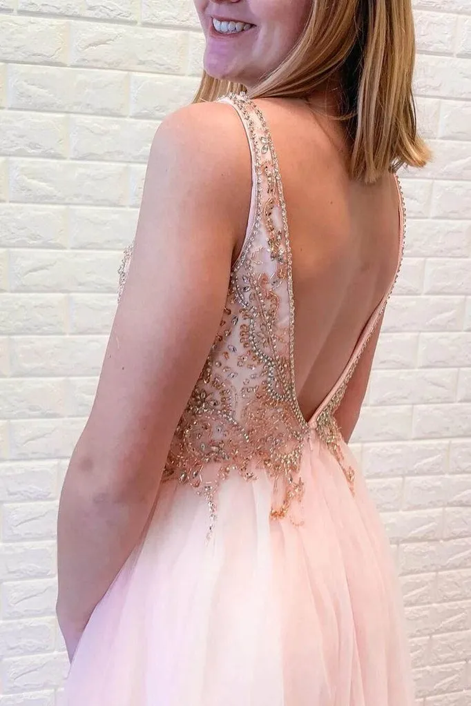 Anneprom A-Line Pink Tulle V-Neck Backless Beading Crystal Prom/Formal Dress APP0294