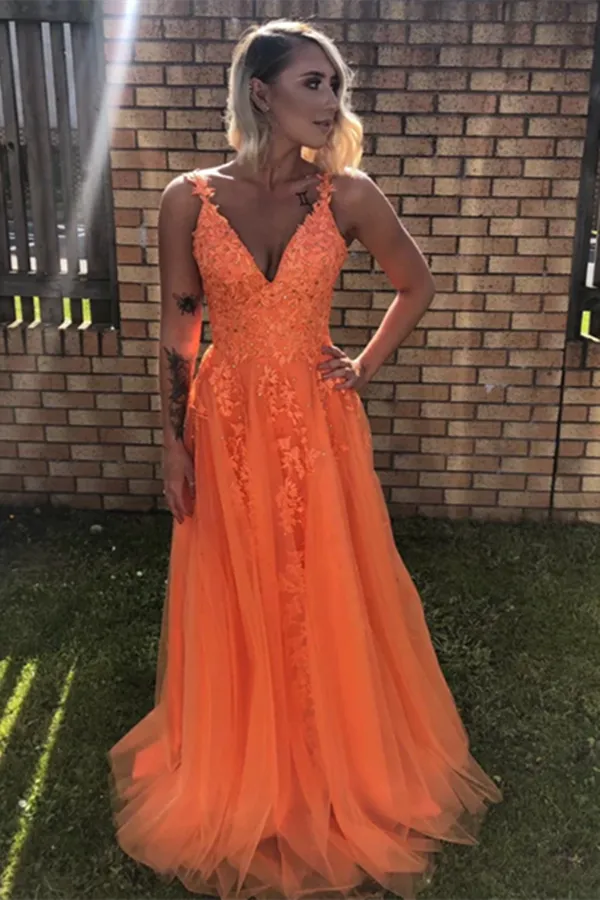 Anneprom A Line V Neck Backless Lace Appliques Orange Prom Dresses, Formal Dresses APP0563