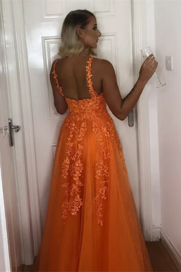 Anneprom A Line V Neck Backless Lace Appliques Orange Prom Dresses, Formal Dresses APP0563