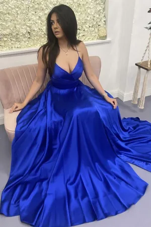 Anneprom A Line V Neck Backless Royal Blue Satin Long Prom Dress, Open Back Formal Graduation Evening Dress APP0474
