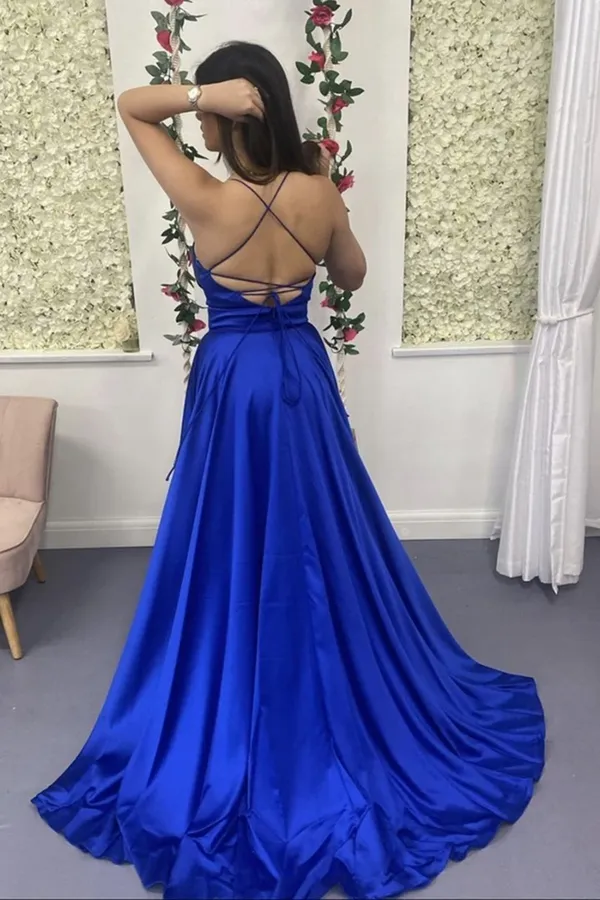 Anneprom A Line V Neck Backless Royal Blue Satin Long Prom Dress, Open Back Formal Graduation Evening Dress APP0474