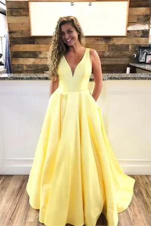 Anneprom A Line V Neck Yellow Prom Dresses, Yellow V Neck Formal Graduation Evening Dresses APP0603