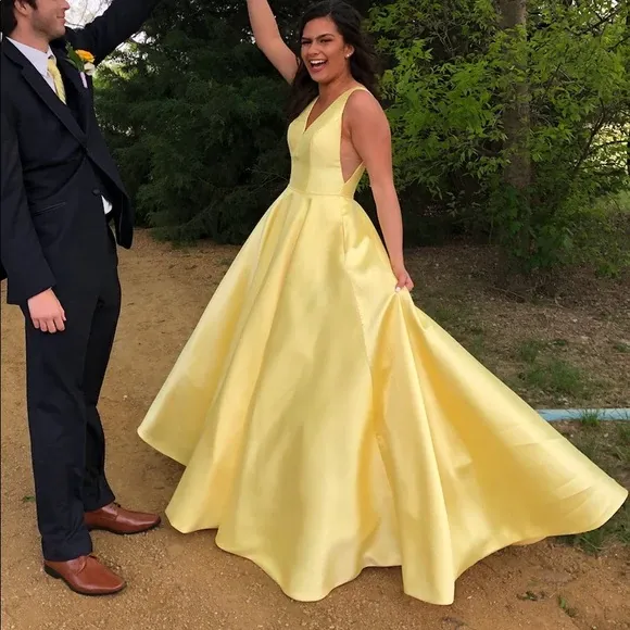 Anneprom A Line V Neck Yellow Prom Dresses, Yellow V Neck Formal Graduation Evening Dresses APP0603